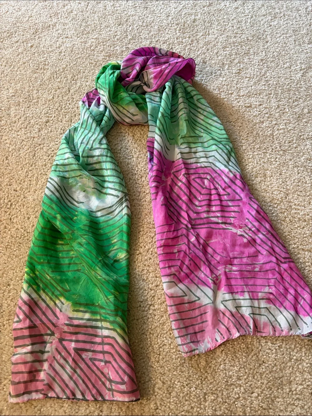 Vibrant Green, White and Pink Geometric Patterned Women's Scarf -  100% Silk